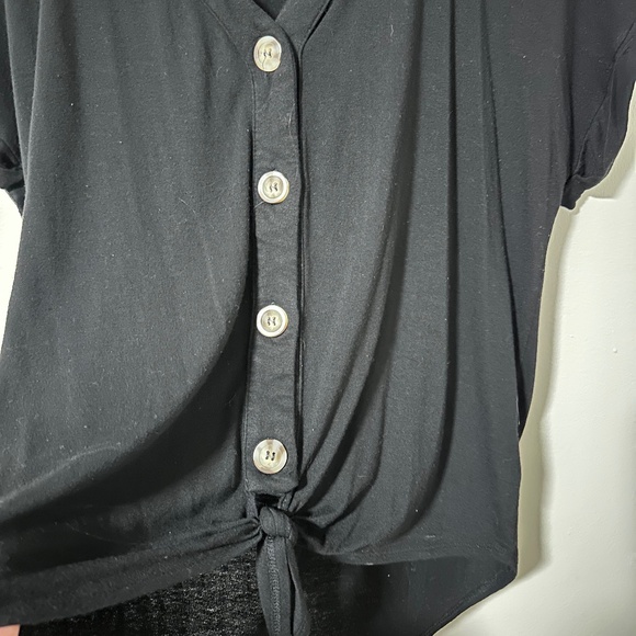 Eclipse Short Sleeve V Neck Tee with Tie Front Button Up Detail Medium Black - Picture 5 of 9